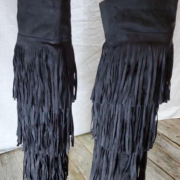 Black 4 Layer Fringe Stiletto Over the Knee Boots Catwalk Sexy 6M NWOT - Picture 4 of 11
